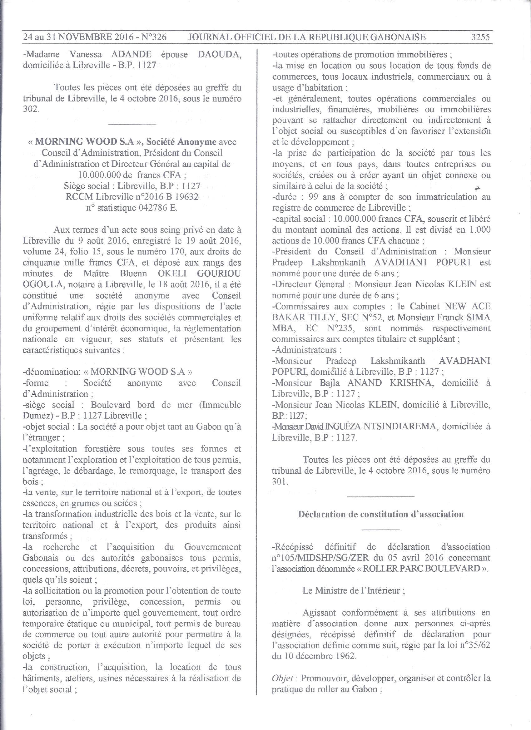 Parution de l'Associacion Gabonaise de Roller (Roller Parc Boulevard) dans le Journal Officiel